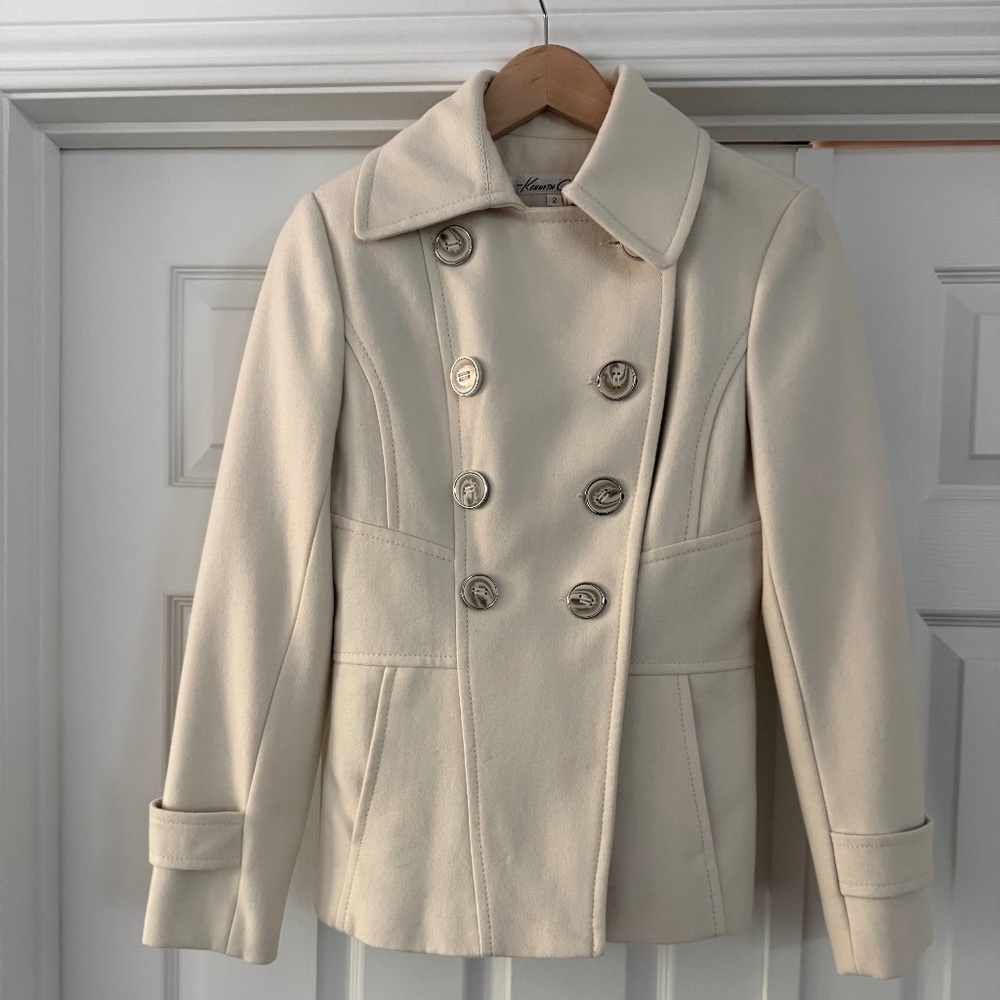 Kenneth Cole Double-Breasted Pea Coat in Cream